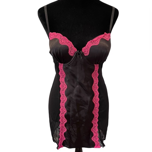 Vintage Dresses & Skirts - y2k black and pink lace mesh slip dress lingerie vintage coquette feminine sexy